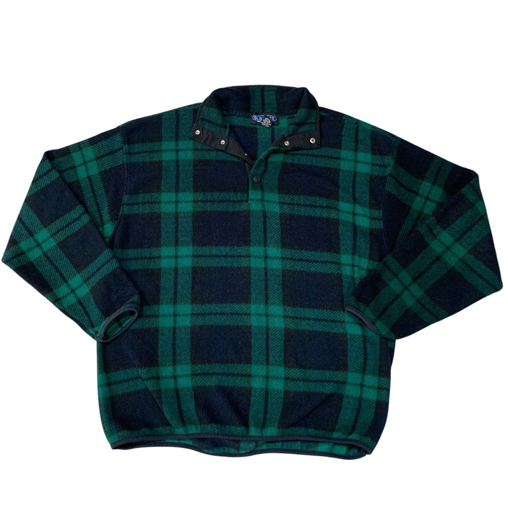 Vintage Old Navy Mens Large Green Navy Plaid Fleece Snap Pullover 90s Y2K